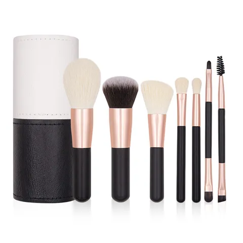 Professional Mini Makeup Brushes Synthetic Fiber Bristles Wooden Handle With Cylindrical PU Storage Case For Travel Beauty Tools