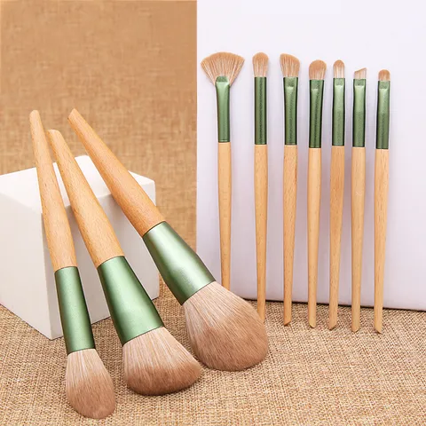 Professional 10 Pcs Makeup Brush Set With Solid Wood Handle Matte Aluminum Tube Cyan Cosmetics Brushes Powder Eyeshadow Foundation Blending Tools Kits For Women