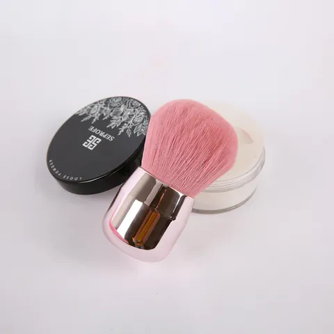 Mushroom Head Loose Powder Brush Portable Rose Gold Plastic Electroplated Short Handle Single Cosmetic Tool Soft Pink Bristles Blush Contour Makeup Brush For Daily Travel