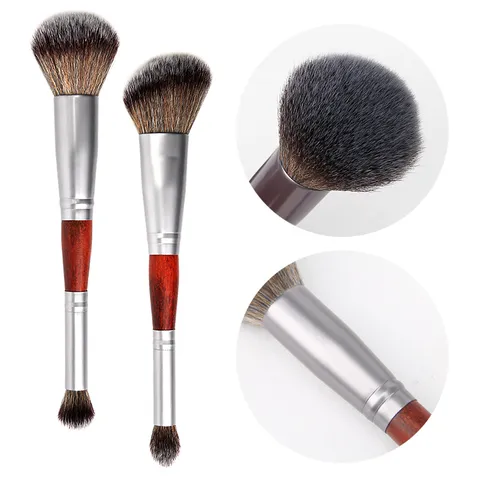 Double-Ended Makeup Brush Dual-Use Blush Brush Nose Shadow Contouring Brush Synthetic Hair Wood Handle Aluminum Tube Tool