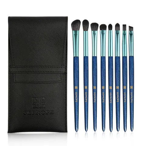 8 Pcs Starry Sky Eye Makeup Brush Set Synthetic Fiber Bristles Wood Handle Professional Eyeshadow Blending Brow Eyeliner Brush Kit With Portable PU Bag For Women Daily Beauty Travel
