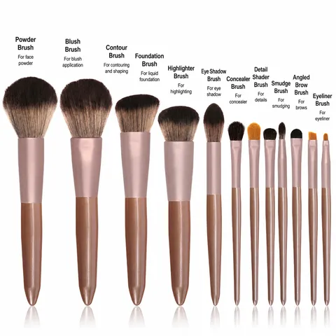 Professional Makeup Brush Set Wooden Handle Synthetic Fiber Horse Hair Brushes Foundation Powder Eyeshadow Concealer Cosmetic Tools Bagged Brown