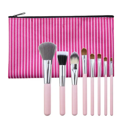 Professional Makeup Brush Set With Striped Travel Case Synthetic Fiber Bristles Wooden Handle Beauty Tool Kit For Women