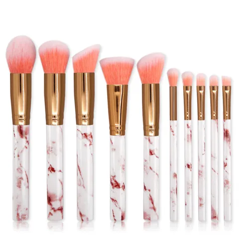10 Pcs Marble Makeup Brush Set Professional Synthetic Bristles Rose Gold Ferrule Powder Foundation Eyeshadow Blending Brushes With Bag