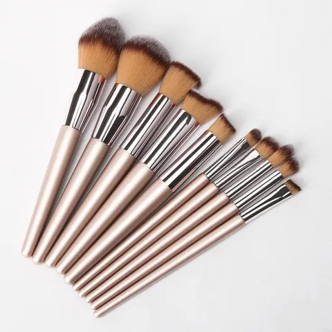 Champagne Gold Makeup Brush Set Synthetic Fiber Bristles Wooden Handle Aluminum Ferrule Professional Cosmetics Tool Set For Beauty