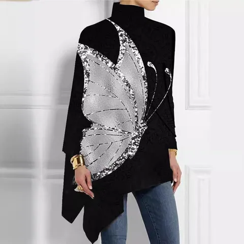 Camiseta de Navidad para Mujer Estampado 3D Manga Larga Cuello Alto Abstracto Dobladillo Irregular Top Casual Urbano