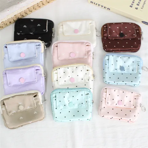 Polyester Polka Dot Bow Printed Coin Purse Mini Portable Storage Pouch Multi-functional Flip Card Case Wallet For Men Women
