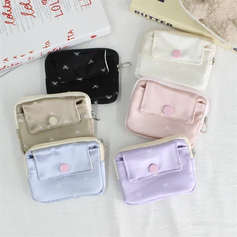 Polyester Polka Dot Bow Printed Coin Purse Mini Portable Storage Pouch Multi-functional Flip Card Case Wallet For Men Women