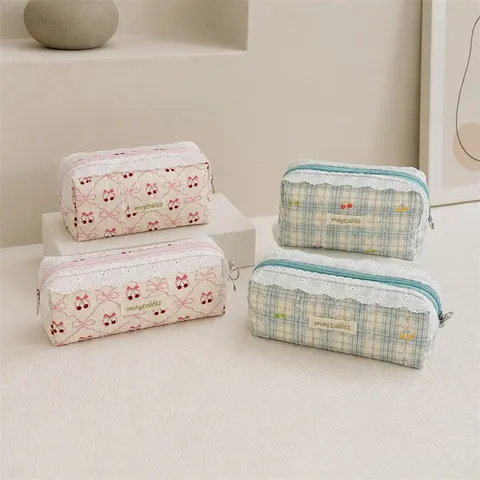 Sweet Lace Trim Pencil Case Cute Cherry Bowknot Print Cosmetic Bag High Beauty Quilted Pouch School Stationery Storage Organizer Bag For Girls