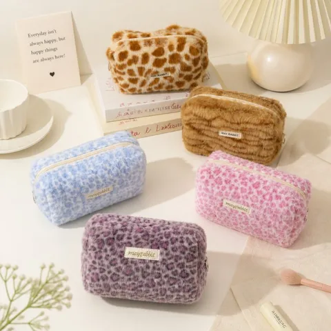Autumn Winter Cute Plush Pencil Case Leopard Tiger Print Soft Fluffy Makeup Bag Multi Functional Portable Storage Pouch Organizer For Women