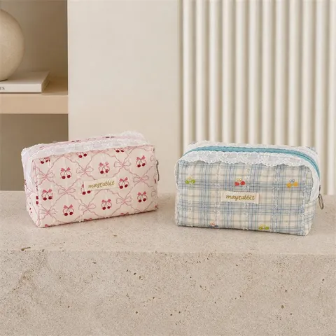 Sweet Lace Trim Pencil Case Cute Cherry Bowknot Print Cosmetic Bag High Beauty Quilted Pouch School Stationery Storage Organizer Bag For Girls