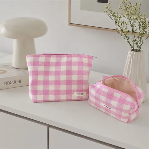 Rosa Und Weiß Karierte Kosmetiktasche Koreanischer Ins-Stil Stoff Aufbewahrungstasche Große Kapazität Mäppchen Tragbare Reise Make-up Organizer Tasche Damen