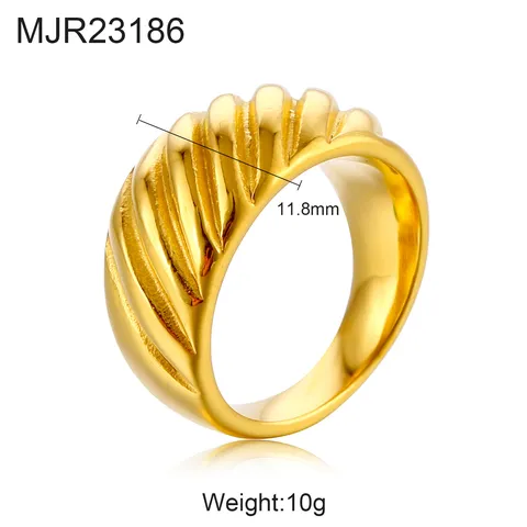 French Vintage Stainless Steel Beveled Texture Wide Band Ring For Women Electroplated Gold Niche Design Twisted Ring Jewelry Gift