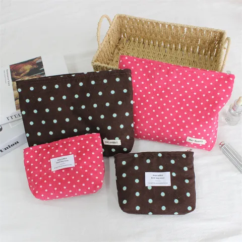 Bolsa de Maquillaje de Pana de Lunares Vintage para Mujer Neceser Impreso con Cremallera Bolsa de Almacenamiento Monedero Portátil