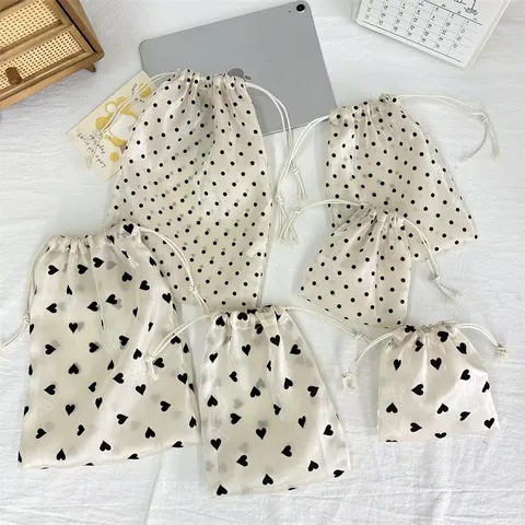 Champagne Heart Polka Dot Drawstring Storage Bag Portable Mesh Organizer Bag For Makeup Toiletries Travel Daily Storage