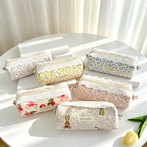 Trousse Style Coréen Bordure Dentelle Florale Grande Capacité En Coton Sac De Papeterie Sac À Cosmétiques Pour Étudiants