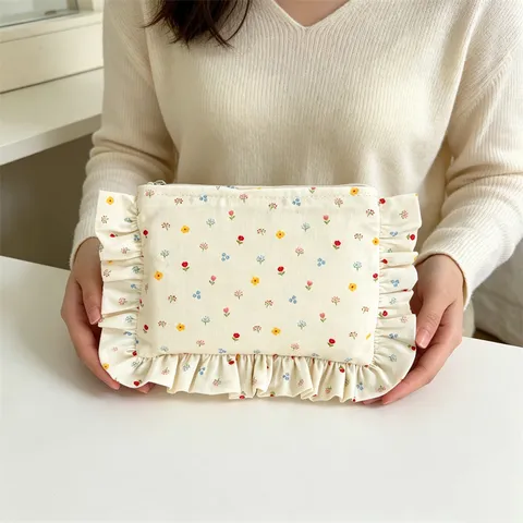 Cotton Ruffled Edge Cosmetic Bag Floral Polka Dot Print Makeup Pouch Large Capacity Zipper Travel Storage Handheld Beauty Organizer For Women
