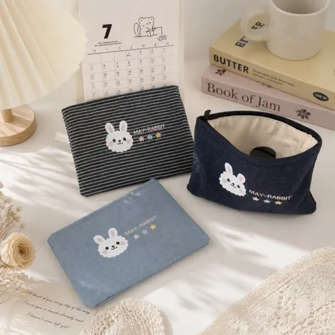 Cute Rabbit Printed Denim Canvas Pouch Large Capacity Cosmetic Bag Portable Pencil Case Coin Purse For Students Women Travel Storage Bag