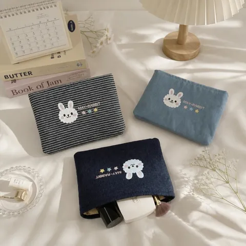Cute Rabbit Printed Denim Canvas Pouch Large Capacity Cosmetic Bag Portable Pencil Case Coin Purse For Students Women Travel Storage Bag