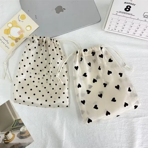Champagne Heart Polka Dot Drawstring Storage Bag Portable Mesh Organizer Bag For Makeup Toiletries Travel Daily Storage