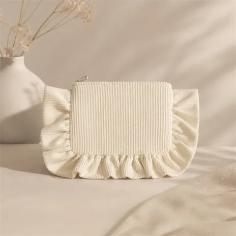 Solid Color Corduroy Ruffle Cosmetic Bag Portable Large Capacity Makeup Pouch Travel Toiletry Storage Organizer Clutch Bag For Women