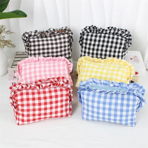 Koreanischer Stil Kariert Kosmetiktasche Frisch Rüschen Make Up Tasche Tragbar Große Kapazität Kulturbeutel Handtasche Schreibwarentasche