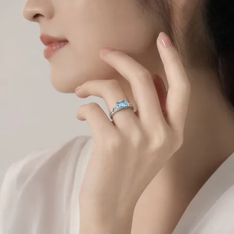 925 Sterlingsilber Blau Rechteck Zirkonia Ring Für Damen Luxus Nano Himmelblau Topas Stil Mikropavé Trauring Schmuck