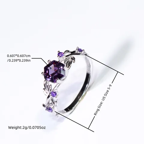 925 Sterlingsilber Lila Strass Rebe Blatt Offener Ring Für Frauen Elegant Süß Pflanze Geometrisch Verstellbarer Fingerring Schmuck Geschenk