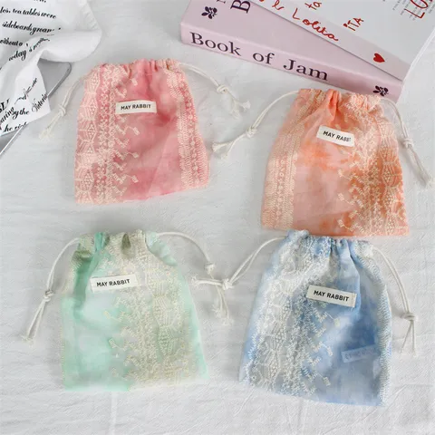 Gradient Spitze Netz Kordelzugbeutel Tragbare Schmuck Ohrring Beutel Große Kapazität Kosmetik Staubdicht Aufbewahrungstasche Für Reise Damen