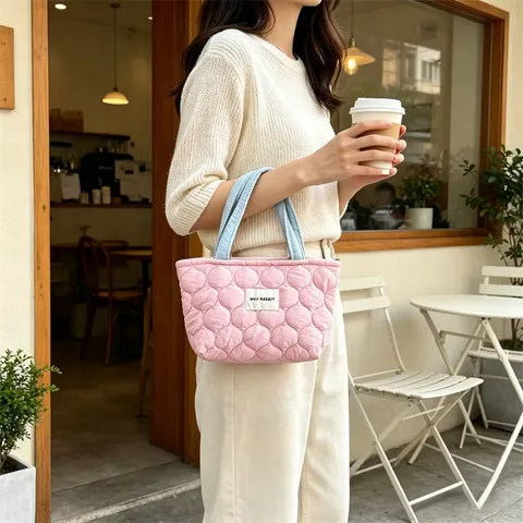 Women Korean Style Soft Quilted Handheld Bento Bag Large Capacity Contrast Color Top Handle Bag Daily Commute Organizer Bag Mommy Bag