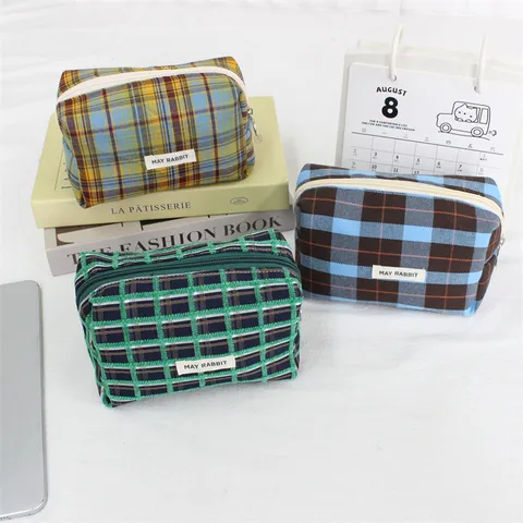 Trousse à Crayons en Coton Plaid Rétro Simple Littéraire pour Étudiants Sac de Rangement de Papeterie Grande Capacité Multi-usages Sac à Cosmétiques