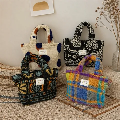 Sac à Main Femme Hiver en Peluche Motif Ethnique Vintage Mini Sac Tote Décontracté Carreaux Pois Fermeture Éclair Sac à Déjeuner