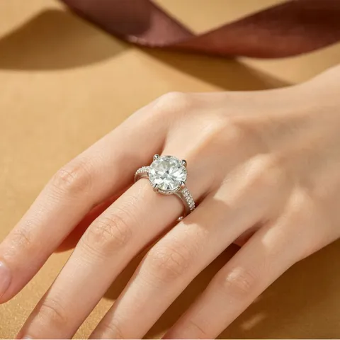 IGI Certified Lab-Grown Diamond Ring 925 Sterling Silver Four-Prong Inlaid Round Main Stone Side Stones Wedding Jewelry