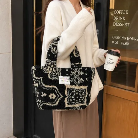 Sac à Main Femme Hiver en Peluche Motif Ethnique Vintage Mini Sac Tote Décontracté Carreaux Pois Fermeture Éclair Sac à Déjeuner