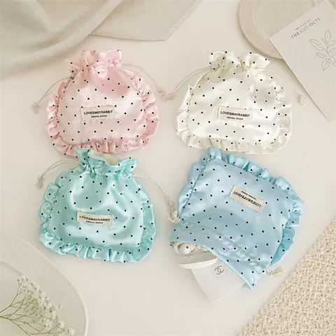 Sacchetto Coulisse in Raso con Volant e Pois in Poliestere Organizer per Gioielli Trucco Borsa da Viaggio Regalo per Donna