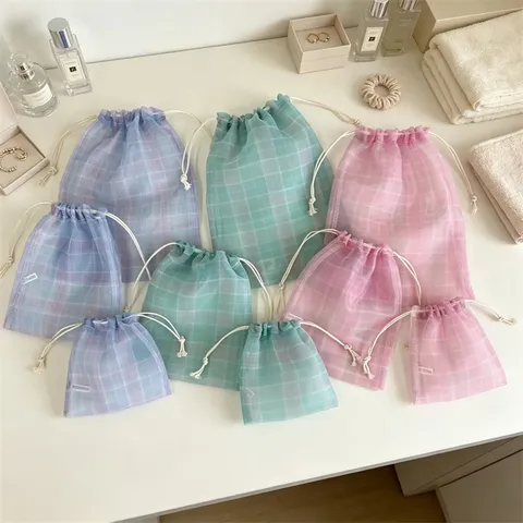 Organza Karo Kordelzugbeutel Transparent Mesh Schmuck Geschenkbeutel Staubdichte Verpackung Aufbewahrung Kleine Stoffbeutel
