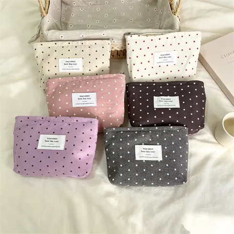 Porta Rossetto Portatile Stile Coreano Stampa a Stelle Borsa Cosmetica in Tela con Cerniera Grande Capacità Organizer per Donna