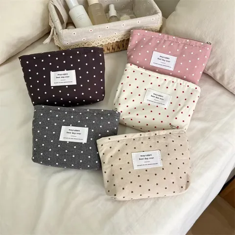 Porta Rossetto Portatile Stile Coreano Stampa a Stelle Borsa Cosmetica in Tela con Cerniera Grande Capacità Organizer per Donna