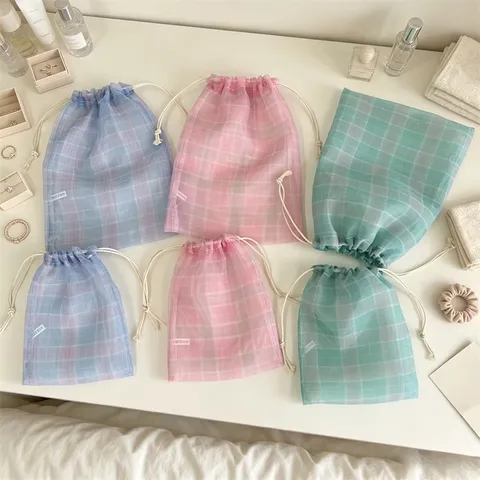Organza Karo Kordelzugbeutel Transparent Mesh Schmuck Geschenkbeutel Staubdichte Verpackung Aufbewahrung Kleine Stoffbeutel