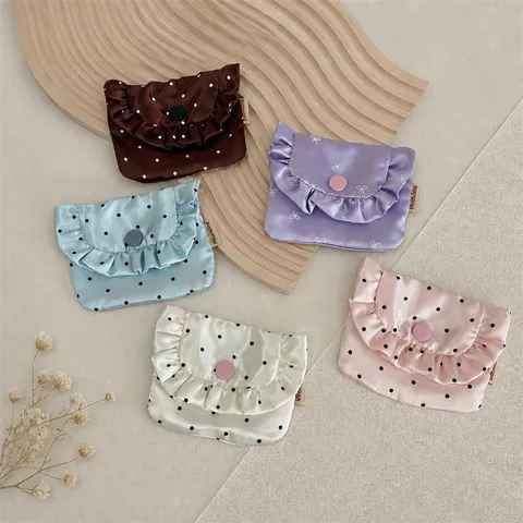 Korean Satin Ruffle Coin Purse For Women Bow Polka Dot Print Flap Mini Card Wallet Earphone Lipstick Portable Storage Bag