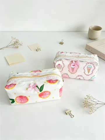 Cute Floral Cotton Cosmetic Bag With Lace Edge Bowknot Large Capacity Travel Makeup Pouch Multifunctional Zipper Pencil Case For Students Women Stationery Organizer