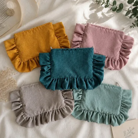 Solid Color Corduroy Ruffle Cosmetic Bag Portable Large Capacity Makeup Pouch Travel Toiletry Storage Organizer Clutch Bag For Women