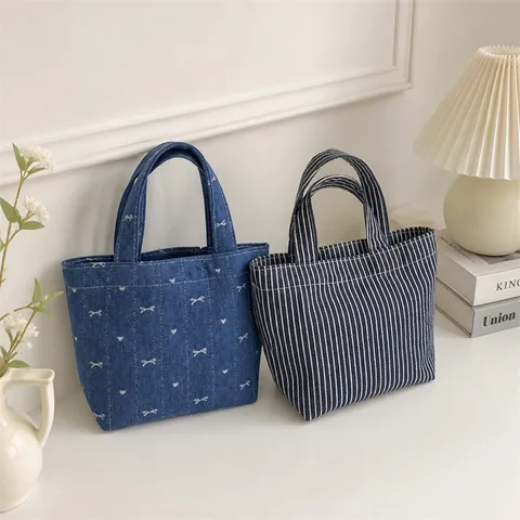 Simple Retro Denim Mini Handbag For Women Student Small Tote Bag For Daily Commuting Lunch Box Handbags Bowknot Striped Bag