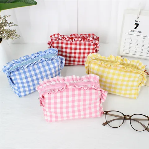 Koreanischer Stil Kariert Kosmetiktasche Frisch Rüschen Make Up Tasche Tragbar Große Kapazität Kulturbeutel Handtasche Schreibwarentasche