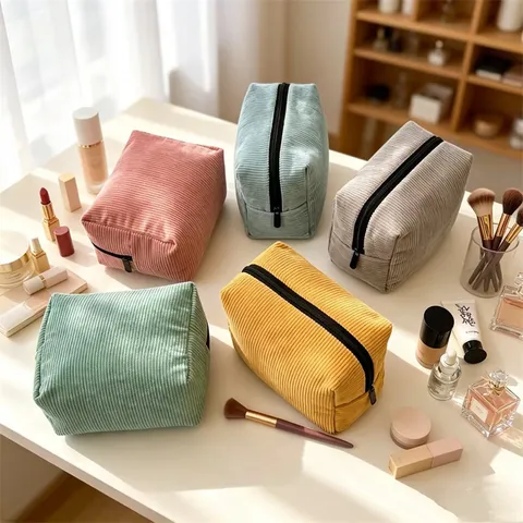 Neceser de Pana de Color Sólido Gran Capacidad Compartimento Bolsa de Aseo de Viaje Organizador de Maquillaje Portátil para Mujer