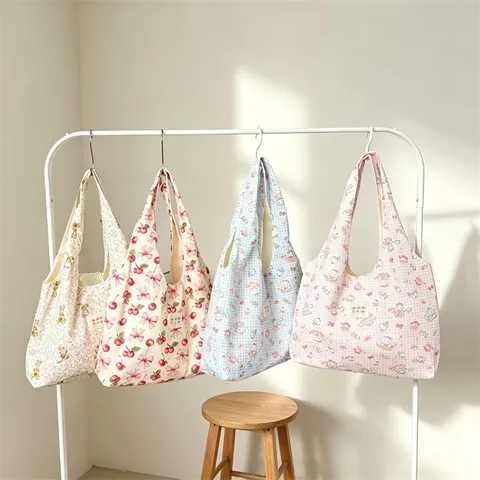 Korean Style Cartoon Printed Tote Bag Large Capacity Cotton Canvas Shoulder Bag For Women Students Summer Floral Vest Bag