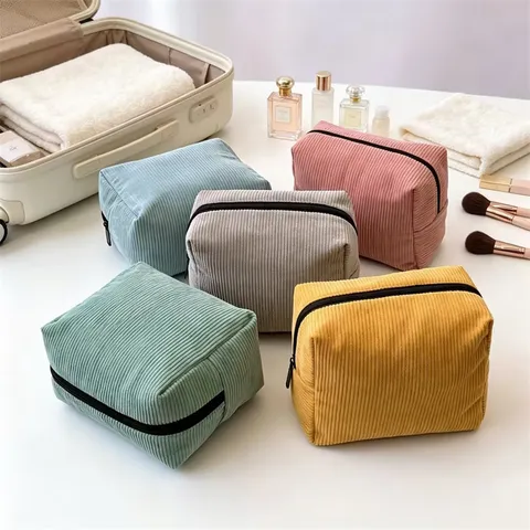 Neceser de Pana de Color Sólido Gran Capacidad Compartimento Bolsa de Aseo de Viaje Organizador de Maquillaje Portátil para Mujer