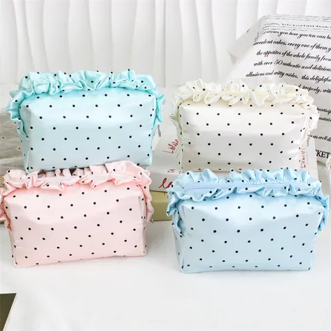 Französischer Stil Polka Dot Satin Kosmetiktasche Große Kapazität Rüschen Kulturbeutel Polyester Make-up Organizer Für Damen Täglich