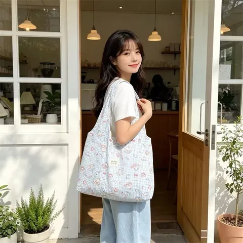 Korean Style Cartoon Printed Tote Bag Large Capacity Cotton Canvas Shoulder Bag For Women Students Summer Floral Vest Bag