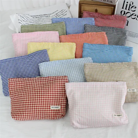 Korean Style Simple Checkered Fabric Cosmetic Bag Large Capacity Travel Toiletry Makeup Storage Organizer Handbag For Women